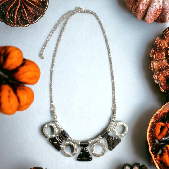 Necklace and Ear Set, 17" - 20", Silver Tone, Black Hematite Tone, Geometrics - Picture 2 of 9